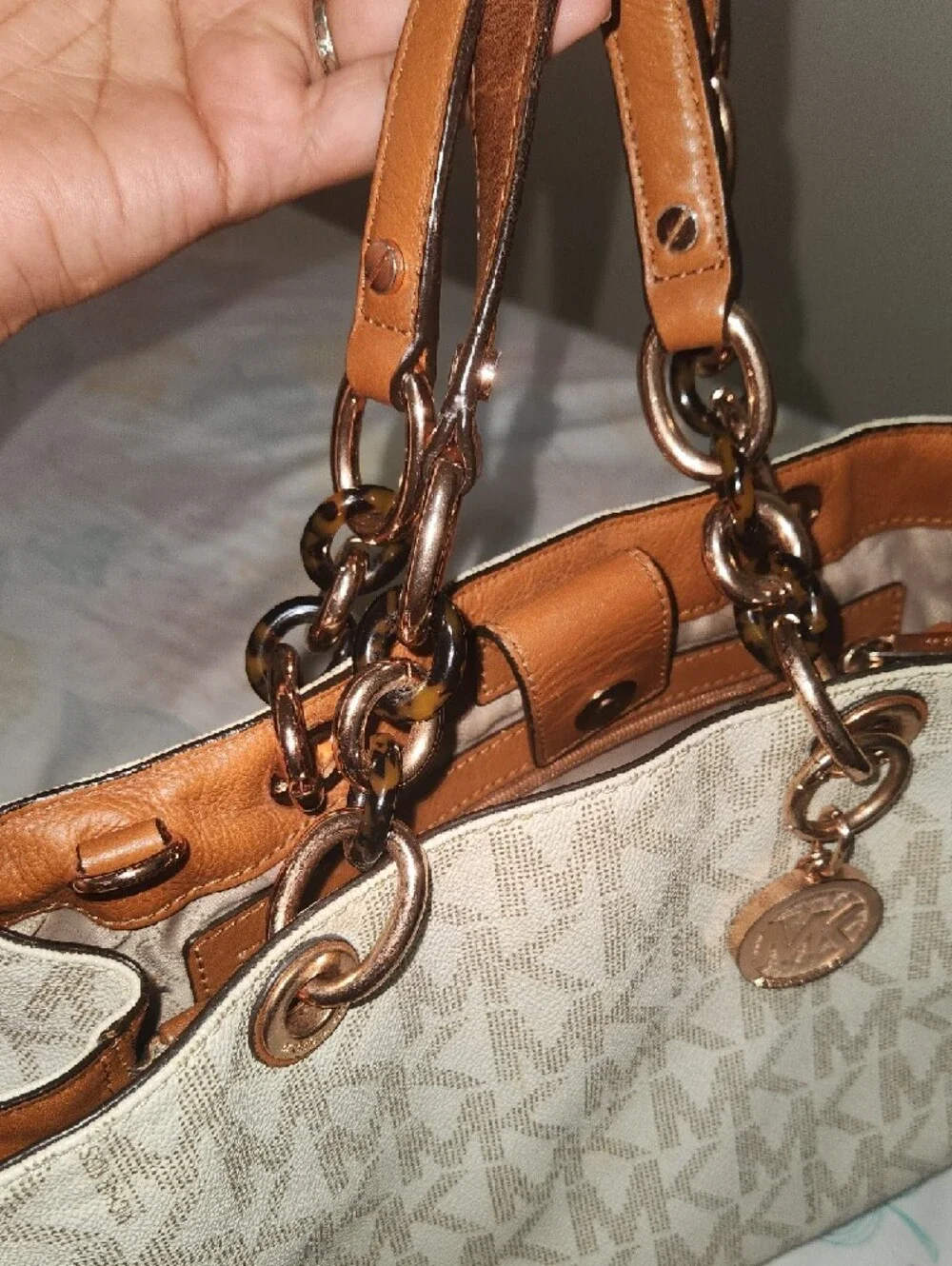 Michael Kors Cream Logo Tote with Brown Handles and Rose Gold Accents - Picture 3 of 9